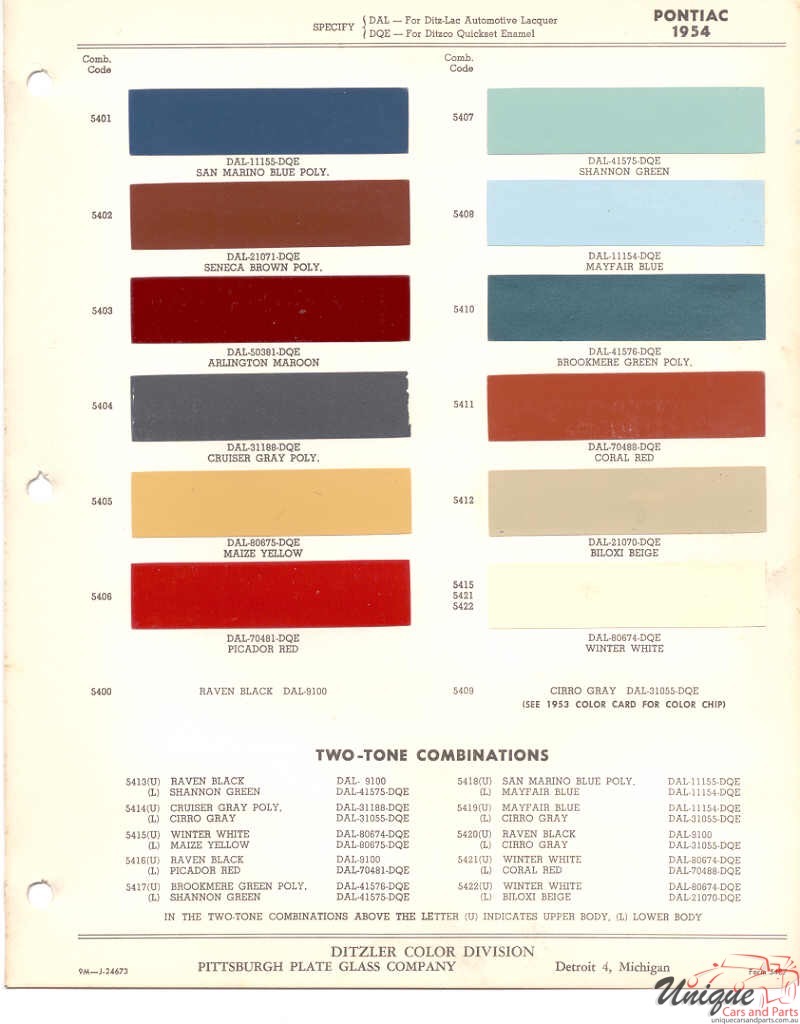 1954 Pontiac Paint Charts PPG 1
